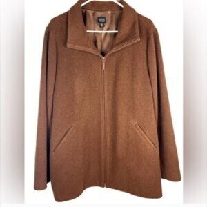 EILEEN FISHER Italian Fabric 100% WOOL Mock Neck FullZip Coat Jacket Pockets XL‎